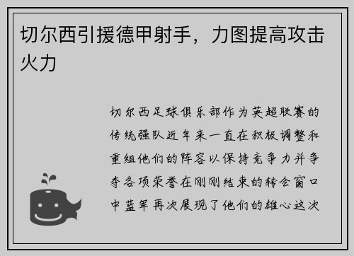 切尔西引援德甲射手，力图提高攻击火力