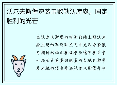沃尔夫斯堡逆袭击败勒沃库森，圈定胜利的光芒